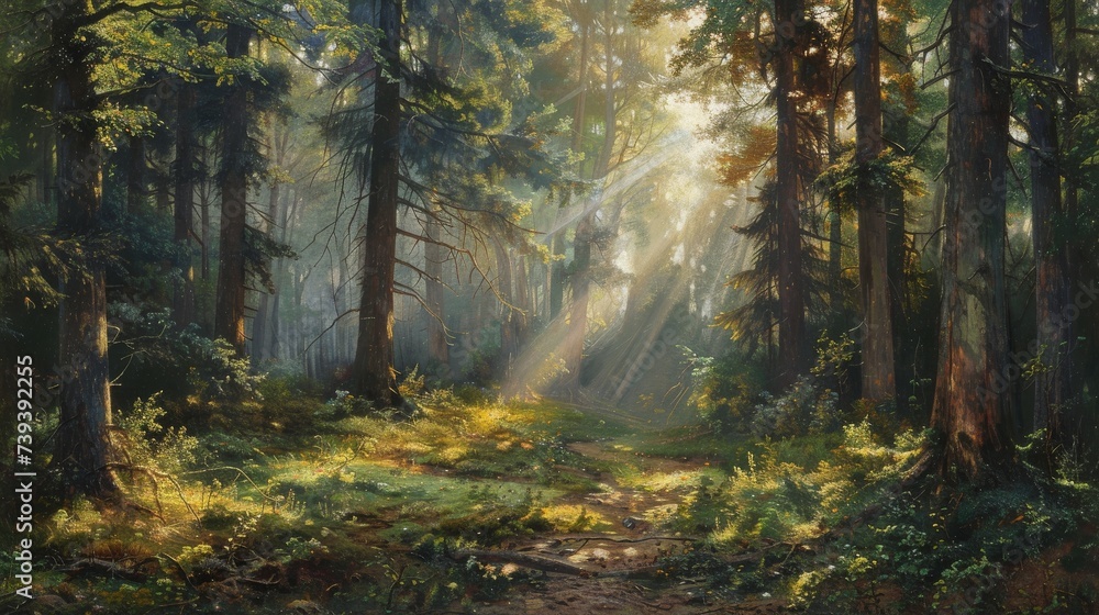 A tranquil forest scene with rays of sunlight filtering through the trees A tranquil forest scene with rays of sunlight filtering through the trees