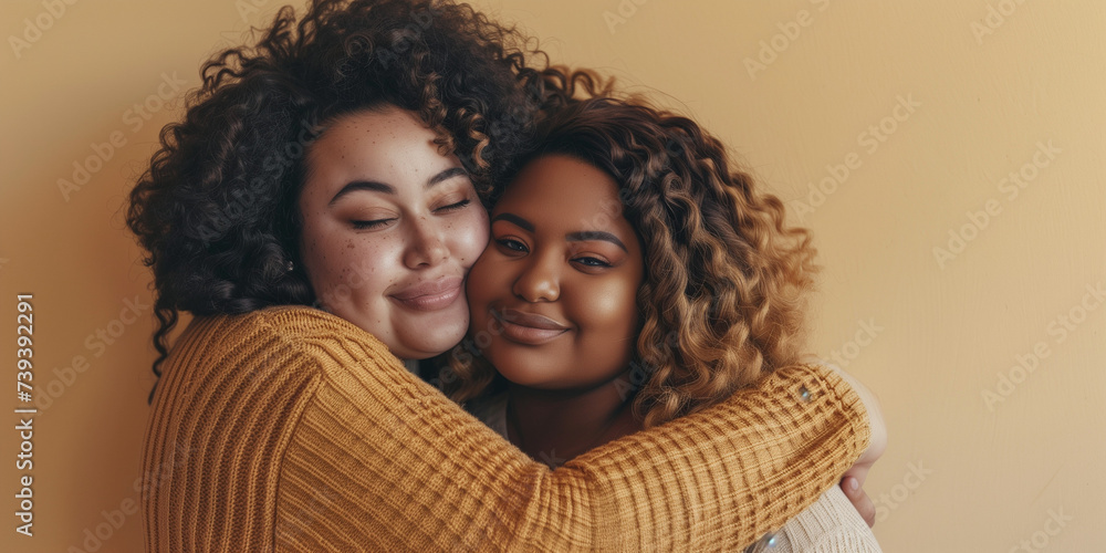 Adorable pretty plus size women embracing accepting diversity beige color wall background Adorable pretty plus size women embracing accepting diversity beige color wall background