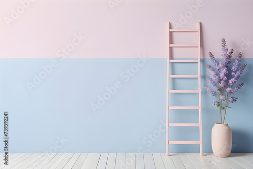 Cute ladder resting against an invisible wall  soft pastel tones comprising the background  gradient of blush to wisteria blue. Generative AI