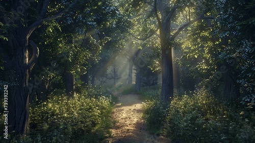A serene forest path is bathed in ethereal sunlight filtering through the dense foliage, creating a mystical atmosphere amidst the flourishing greenery.  © M