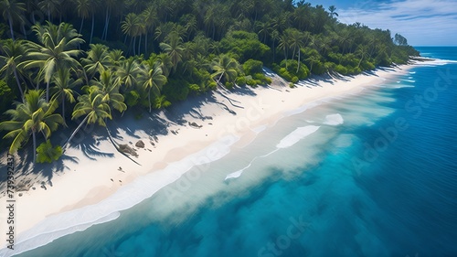 Aerial drone view capturing the coastline with waves gently lapping against the shore.Crisp blue waters meeting sandy beaches, with palm trees lining the coast