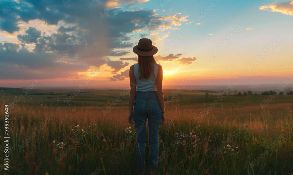 woman standing. carefree freedom, confident looking at the end of skyline in the grass field meadow landscape summertime sunset moment nature background woman standing. carefree freedom, confident looking at the end of skyline in the grass field meadow landscape summertime sunset moment nature background
