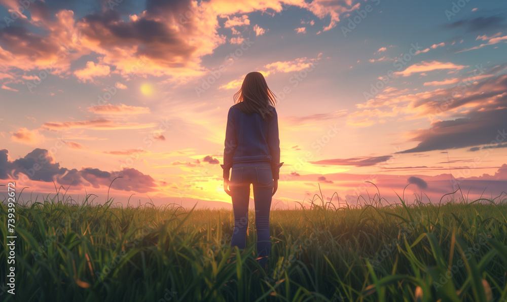 woman standing. carefree freedom, confident looking at the end of skyline in the grass field meadow landscape summertime sunset moment nature background