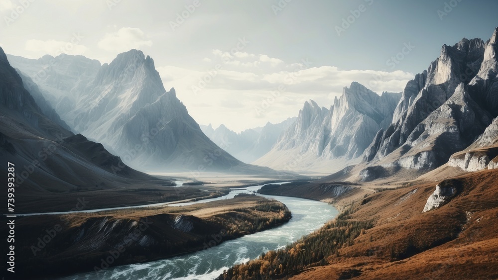 A unique and diverse mountain range, with huge cliffs and rivers, depicted in a stylized and abstract manner - obrazy, fototapety, plakaty 