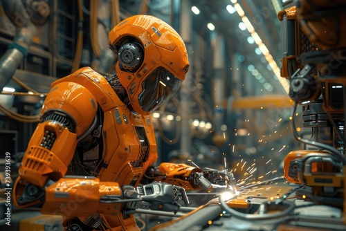 A futuristic robot donning a protective helmet welds metal with precision, dressed in specialized workwear for indoor industrial tasks