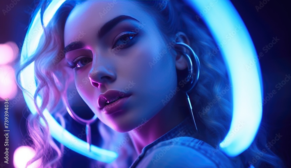 Neon Blue Portrait of Woman with Hoop Earrings and Curly Hair Neon Blue Portrait of Woman with Hoop Earrings and Curly Hair