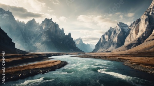 A unique and diverse mountain range, with huge cliffs and rivers, depicted in a stylized and abstract manner