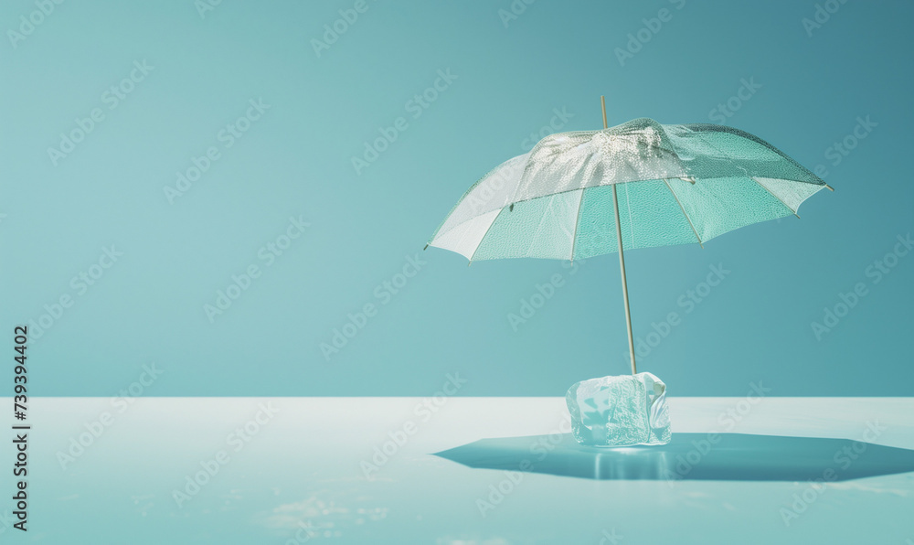 
Beach umbrella with ice cube on blue background. Creative summer idea. Sun protection concept. copy space