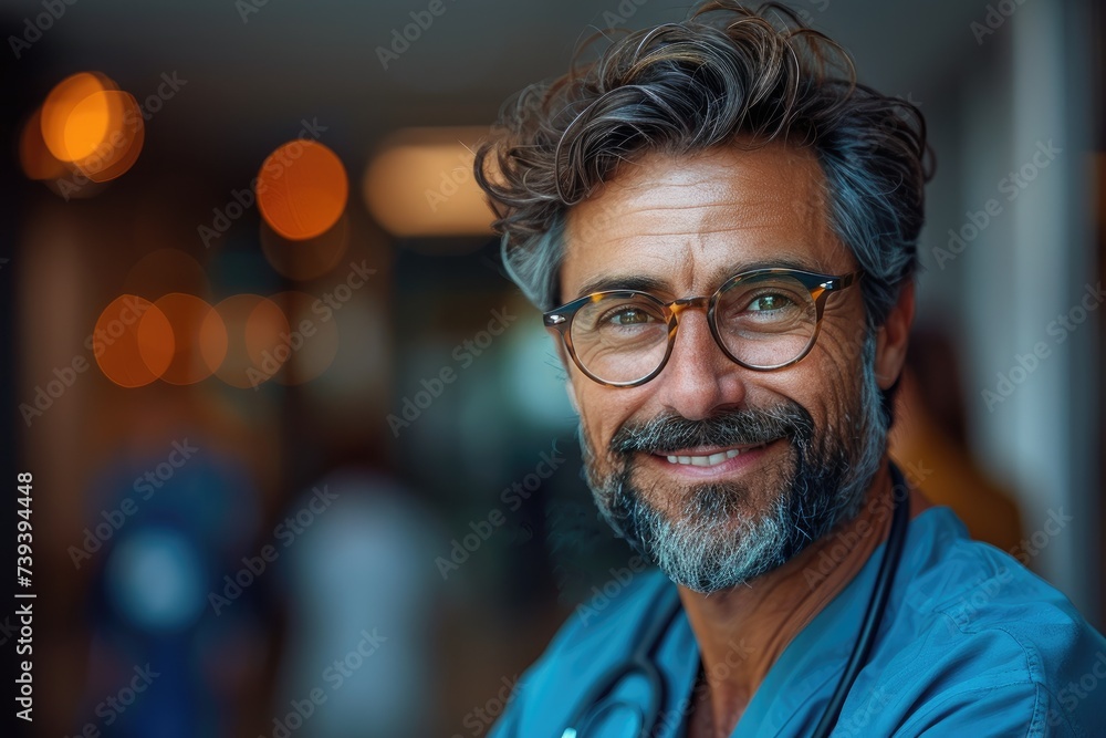 A cheerful man wearing glasses and a stethoscope, his warm smile revealing wrinkles and a well-groomed beard, his caring nature evident in his thoughtful gaze and the eyewear that aids his vision