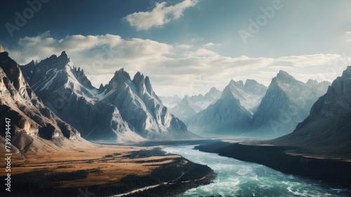 A unique and diverse mountain range, with huge cliffs and rivers, depicted in a stylized and abstract manner