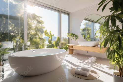 Interior bathroom with panoramic windows. Bathtub indoor plants in pots. Spa salon  hotel  relax.