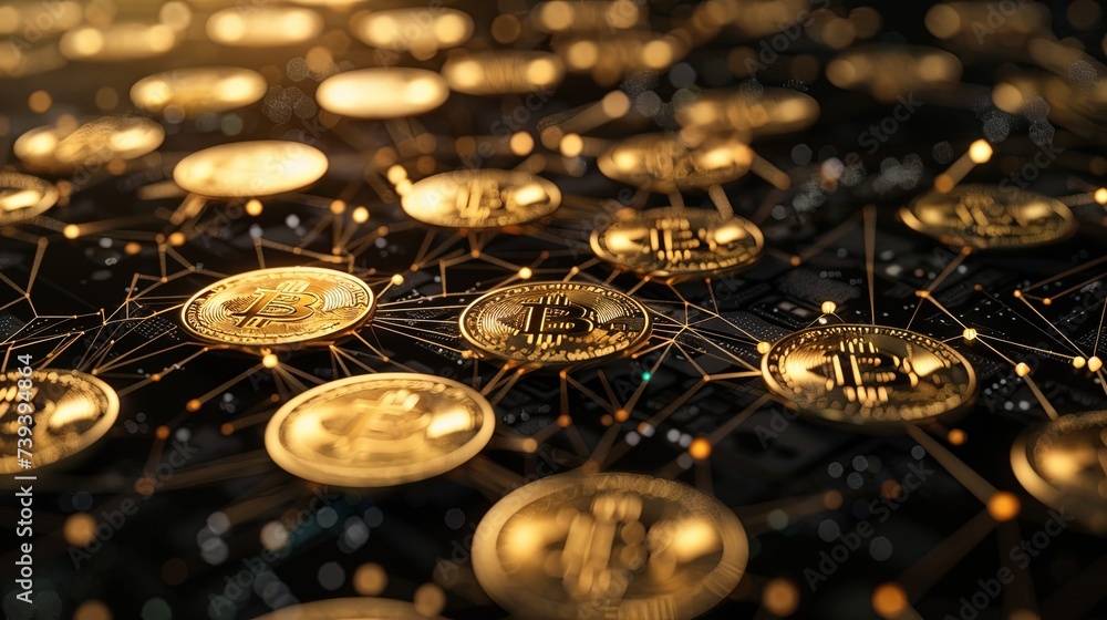 A close-up view of shiny golden Bitcoin tokens on a digital network grid, symbolizing cryptocurrency technology and blockchain financial systems.
Bitcoin Cryptocurrency Network and Golden Coins
A close-up view of shiny golden Bitcoin tokens on a digital network grid, symbolizing cryptocurrency technology and blockchain financial systems.
Bitcoin Cryptocurrency Network and Golden Coins