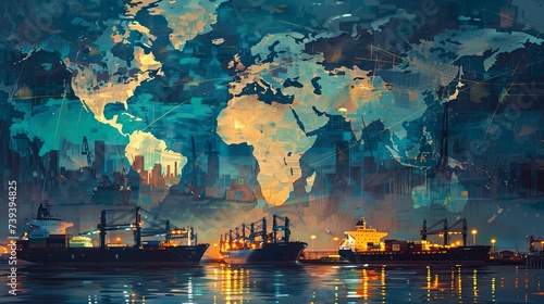 Global Trade Concept with Ships and World Map Illustrative digital artwork depicting cargo ships at a harbor overlaid with a stylized world map, symbolizing global trade and logistics.

 photo