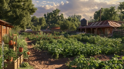 The image of a flourishing community garden, showcasing the hard work and dedication of individuals contributing to sustainable agriculture, photographed in breathtaking