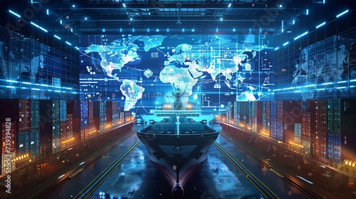 A high-tech cargo ship is docked in a futuristic port with digital world map interface, symbolizing global trade and cyber technology. Futuristic Cargo Ship in Cybernetic Global Trade Hub

 photo