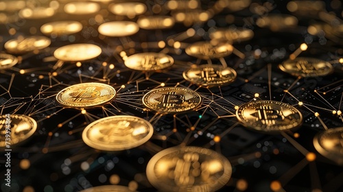 A close-up view of shiny golden Bitcoin tokens on a digital network grid, symbolizing cryptocurrency technology and blockchain financial systems. Bitcoin Cryptocurrency Network and Golden Coins 