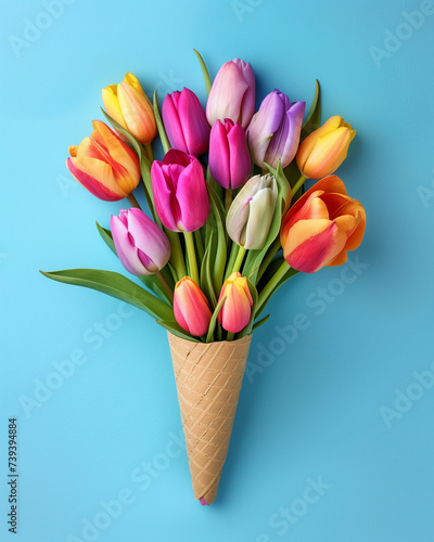 colorful tulips with vibrant colours in a cone, on a blue bright background, flat lay © PixelCharm