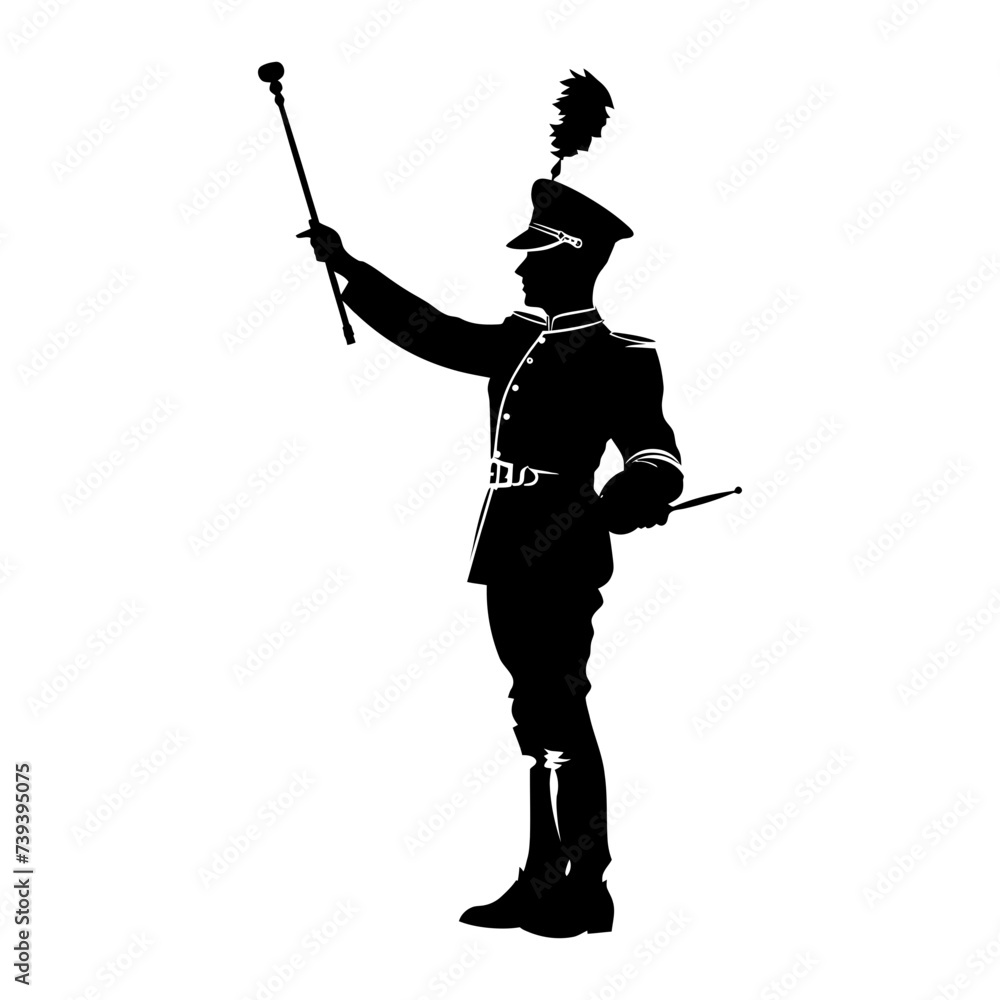 Silhouette drum major with mace in perform marching band leader Silhouette drum major with mace in perform marching band leader