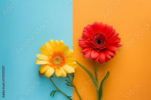 yellow and red Flowers lie on a plain blue and yellow background