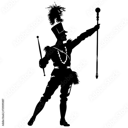 Silhouette drum major with mace in perform marching band leader