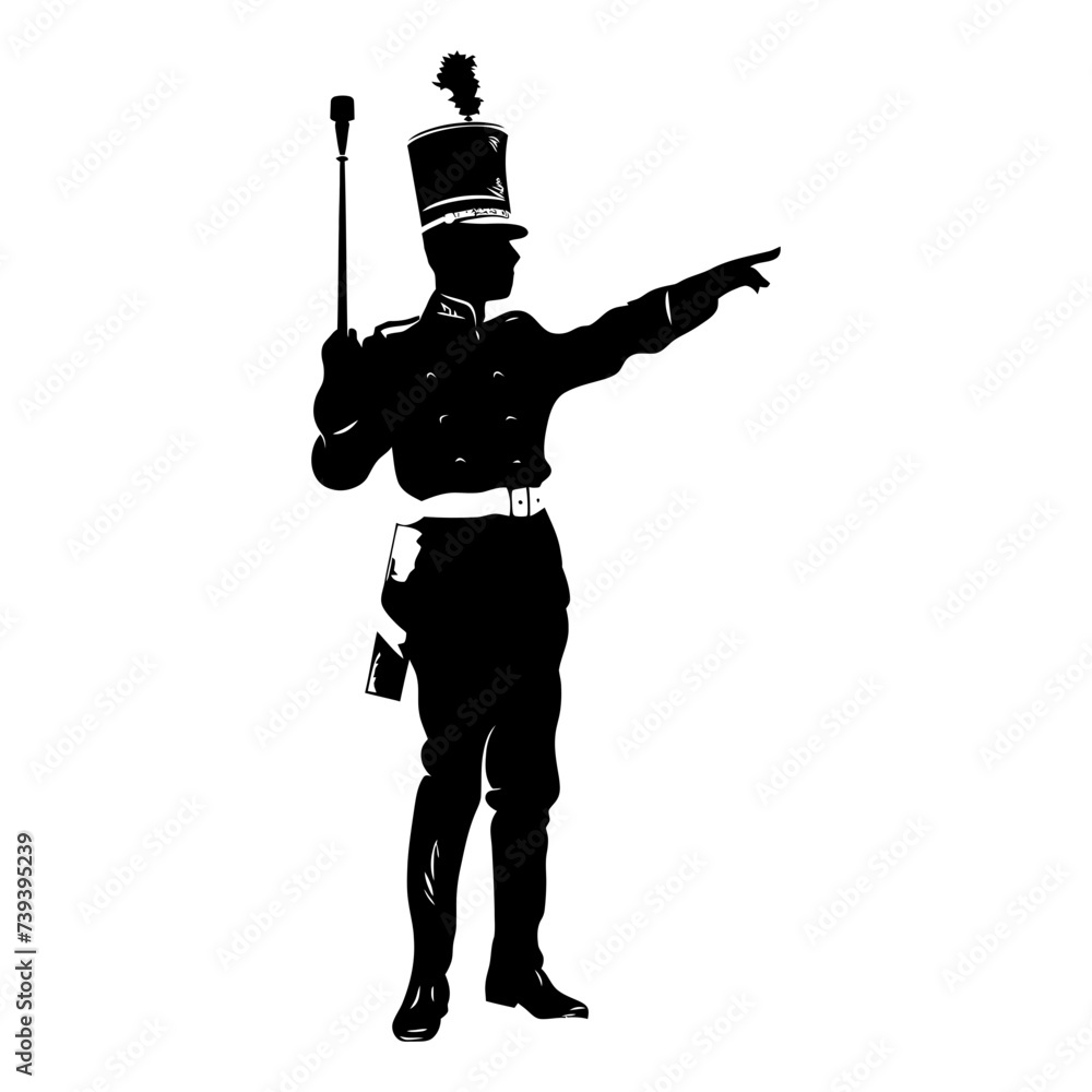 Silhouette drum major with mace in perform marching band leader Silhouette drum major with mace in perform marching band leader