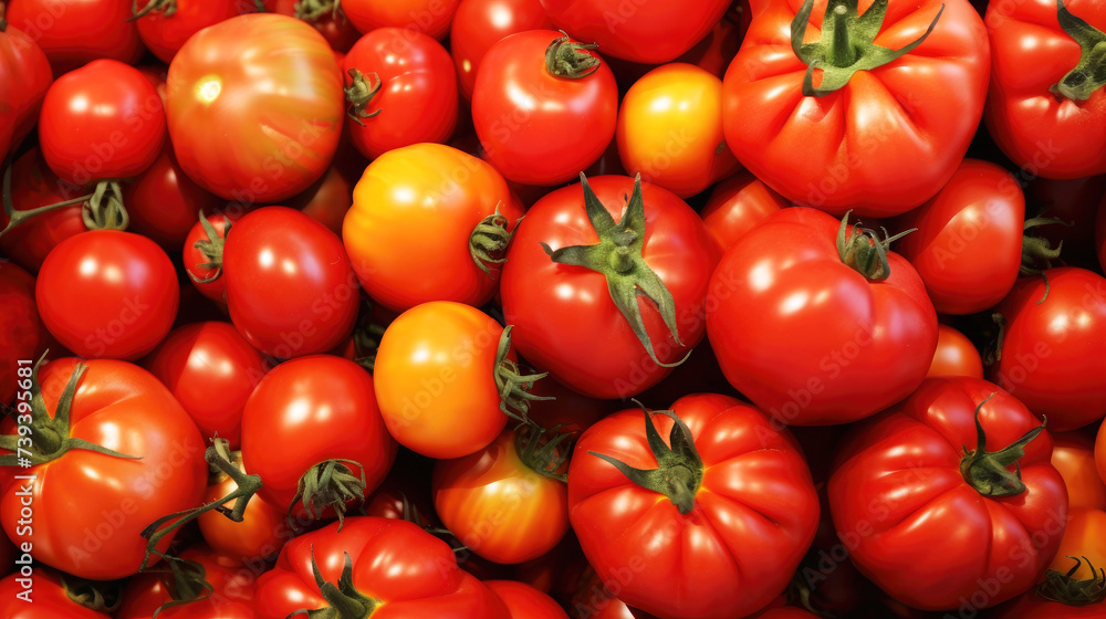 Top view of vegetables background, many bright read tomatoes in different shapes and tones Top view of vegetables background, many bright read tomatoes in different shapes and tones