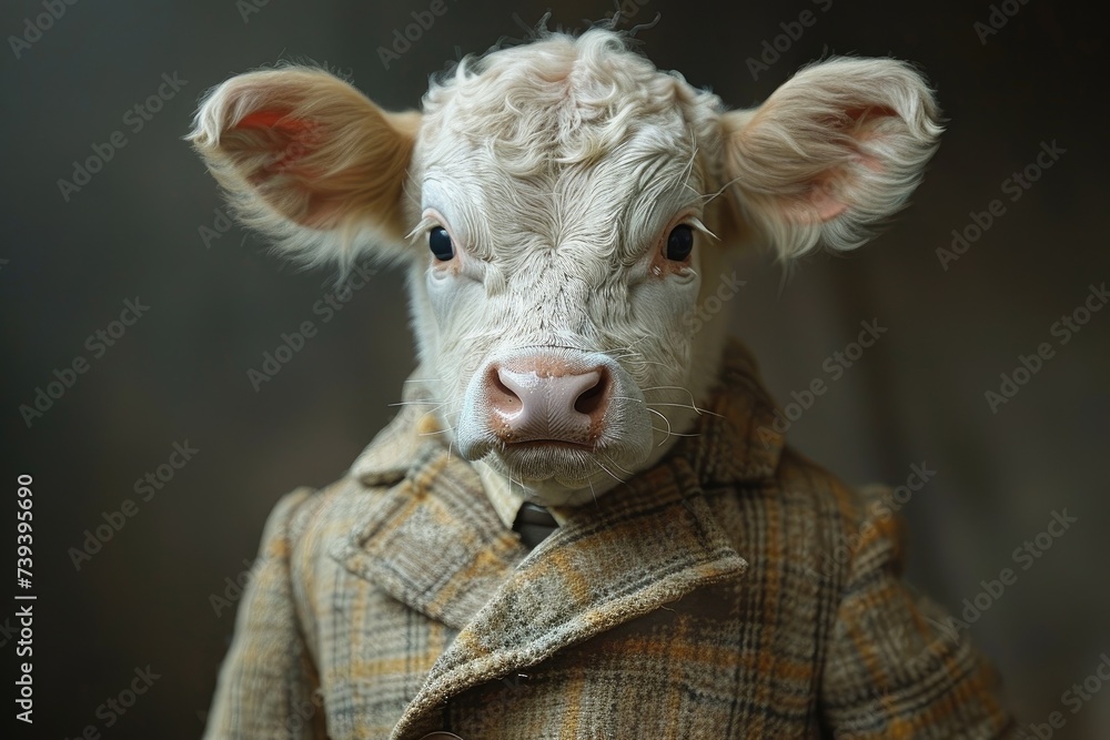 A sophisticated bovine donning a professional ensemble exudes a refined aura, with its snout held high and ears perked attentively as it stands gracefully on its four legs
