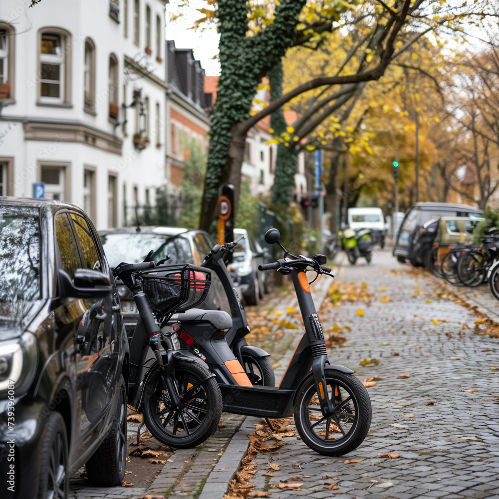 Electric Scooter Parked on a Leafy Street