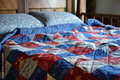 A blue and red quilt pattern traditional yet modern design for cozy home decor