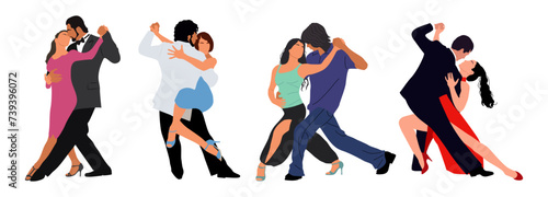 Set of different Dancing Couples, Dancers Tango, Salsa, Bachata, Flamenco, Latina Dance. Young men and women in dance poses. Vector realistic illustration isolated on transparent background. photo