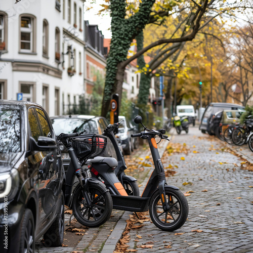 Electric Scooter Parked on a Leafy Street