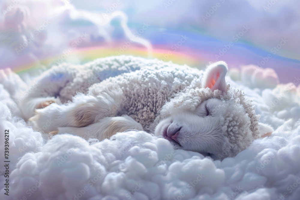 A cozy scene of a fluffy animal sleeping on a cloud with a rainbow faintly visible in the background A cozy scene of a fluffy animal sleeping on a cloud with a rainbow faintly visible in the background