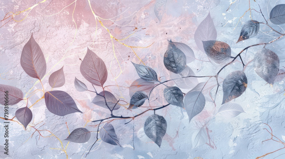 Japanese art vibes, pastel leaves and flowers with silver and gold kintsugi patterns on a branch Japanese art vibes, pastel leaves and flowers with silver and gold kintsugi patterns on a branch