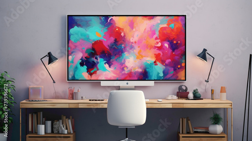 A modern workspace with a blank white empty frame on the wall, highlighting a colorful, abstract digital print.