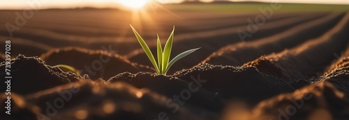 A young wheat seedling emerges on a vast farm, basking in the warm glow of the early afternoon sun photo