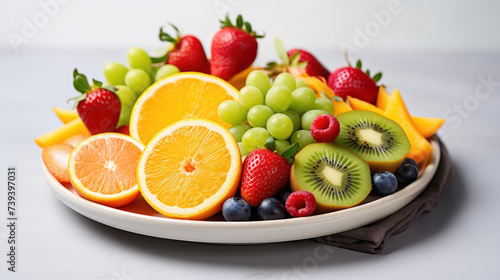 Side view of colorful raw cut fruits including oranges, kiwis, mangoes, strawberries and blueberries on white plate, light background
