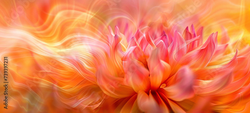 An abstract interpretation of a dahlia bloom with a vibrant flow of orange and pink hues in a dreamlike swirl.