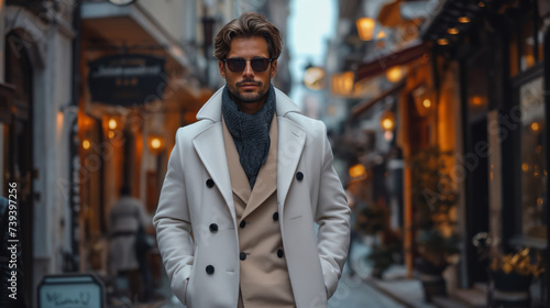 relaxed attractive man wearing white overcoat and suit photo