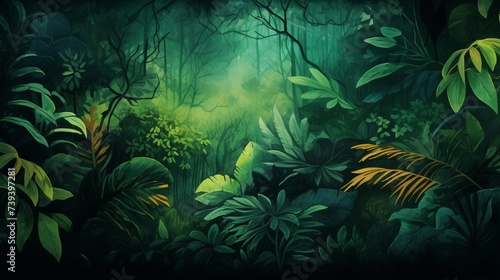 A captivating digital background design with an abstract representation of a lush rainforest  featuring diverse flora and a rich green canopy  suitable for a wild and adventurous background