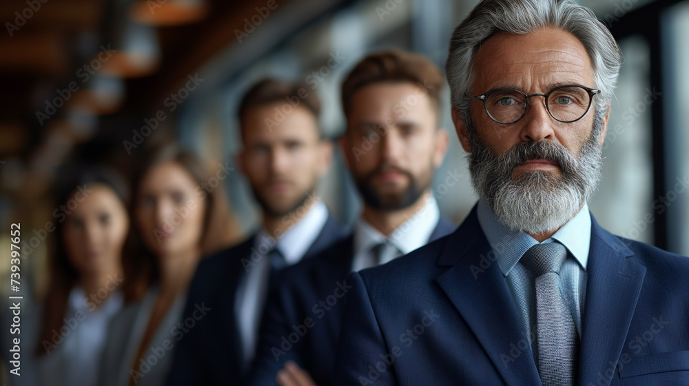CEO wearing navy suit standing in front of team CEO wearing navy suit standing in front of team