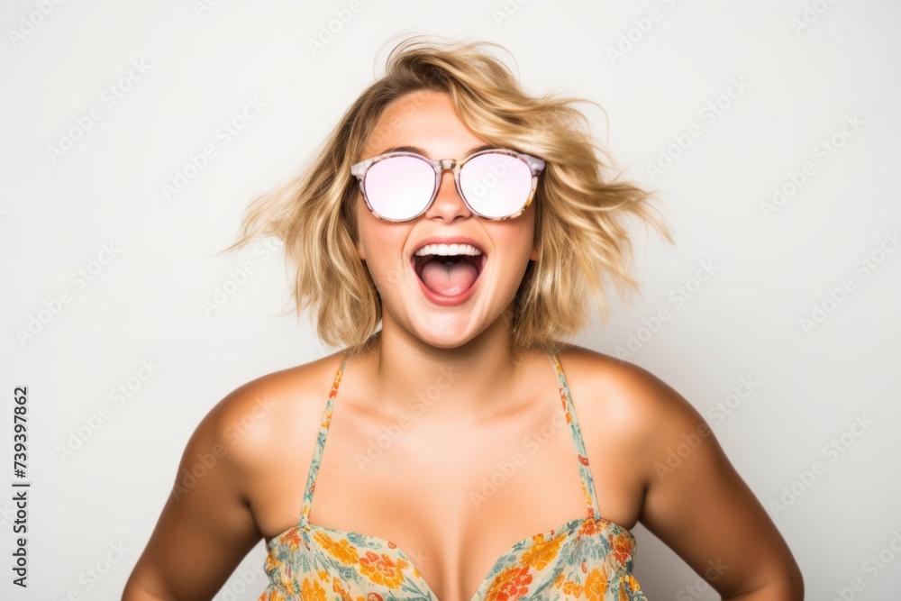 Brightly smiling woman wearing floral dress and chic pink sunglasses, embodying summer vibes. Brightly smiling woman wearing floral dress and chic pink sunglasses, embodying summer vibes.