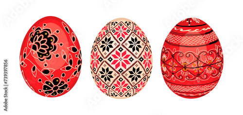 Set of easter eggs with traditional Ukrainian cross-stitch ethnic pattern, folk red and black ornament. Gift for Spring Holidays in April. Vector realistic illustration isolated on white background photo