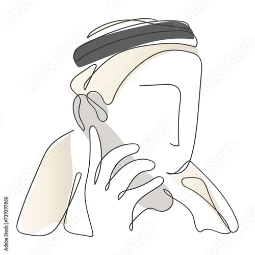 Hand drawn continuous line art of an Arab Man. Arab Man headscarf. Emotional Chart of an arab man. Communication concept