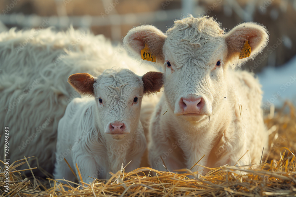 Portrait of a white cow and her calf