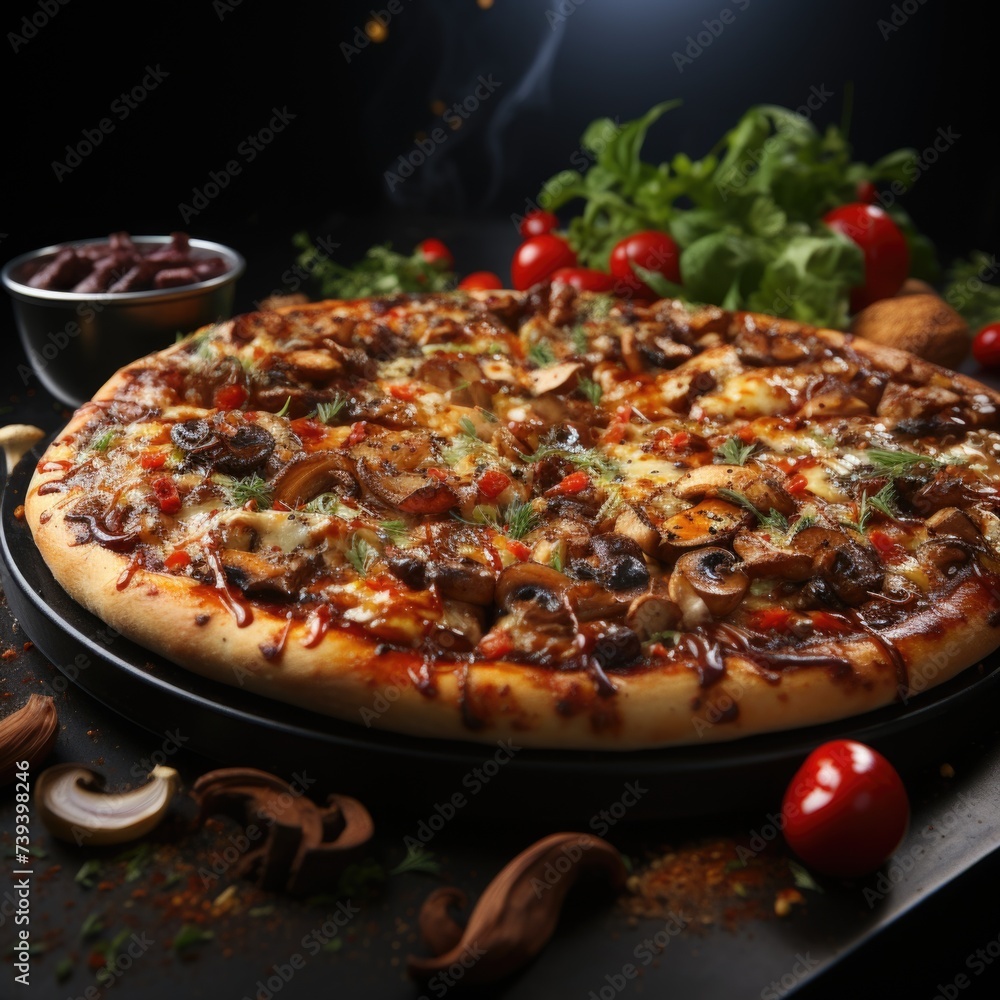 Crispy Pizza with chicken and barbeque sauce Italian with tomatoes in tray on table night view Generative AI Crispy Pizza with chicken and barbeque sauce Italian with tomatoes in tray on table night view Generative AI