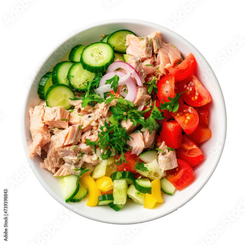 Tuna salad with fresh vegetables in a bowl, transparent background. 
