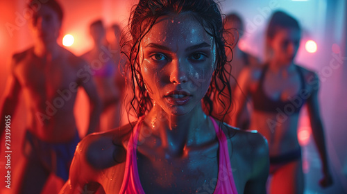 Sweaty young woman participating in an intensive workout class at the gym