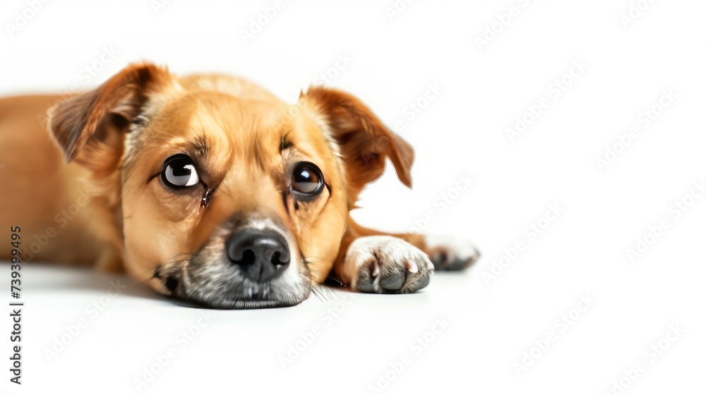 The studio portrait of bored puppy dog lying isolated on white background with copy space for text. --ar 16:9 --v 6 Job ID: f3be70a4-6c2c-4742-a4c0-d78b1a37689f