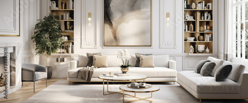 A Nordic living room with a touch of luxury, featuring velvet upholstery, gold accents, and a marble coffee table in a contemporary setting. photo