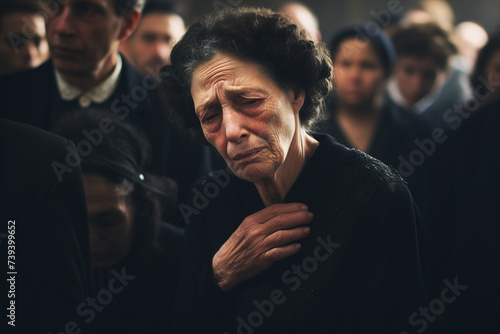 Portrait of a sad crying elderly woman at a funeral ceremony generative ai image photo